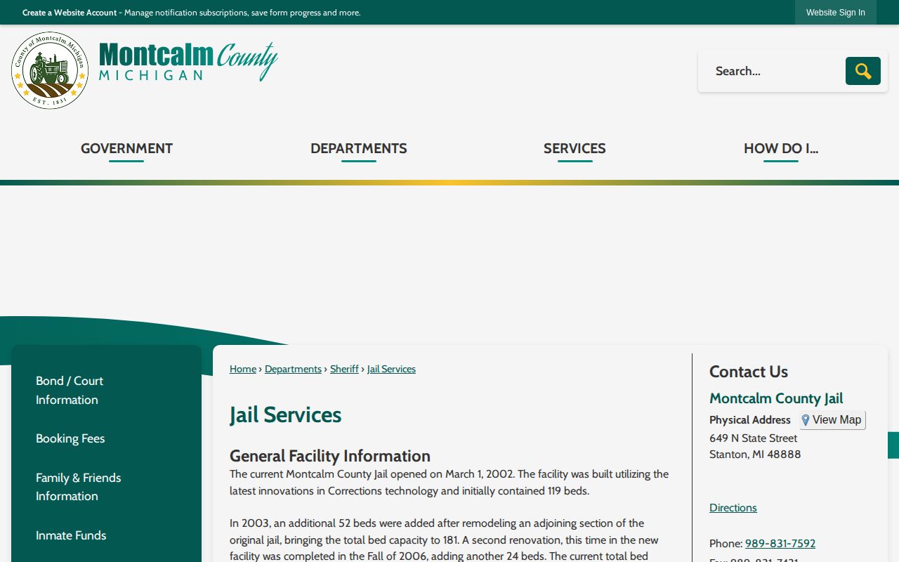 Montcalm County Jail Services page with jail and status information