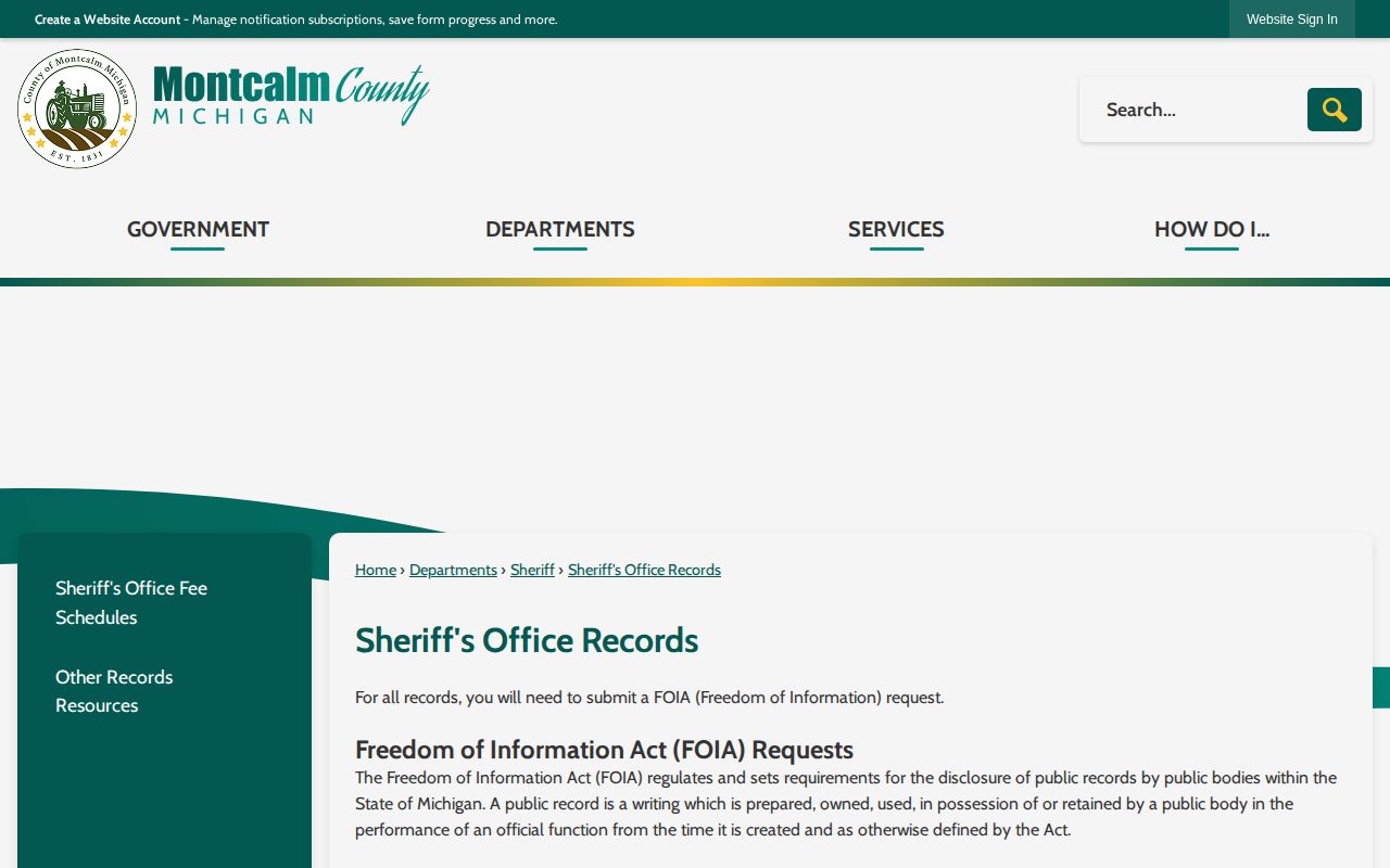 Montcalm County Sheriff's Office records and FOIA request page