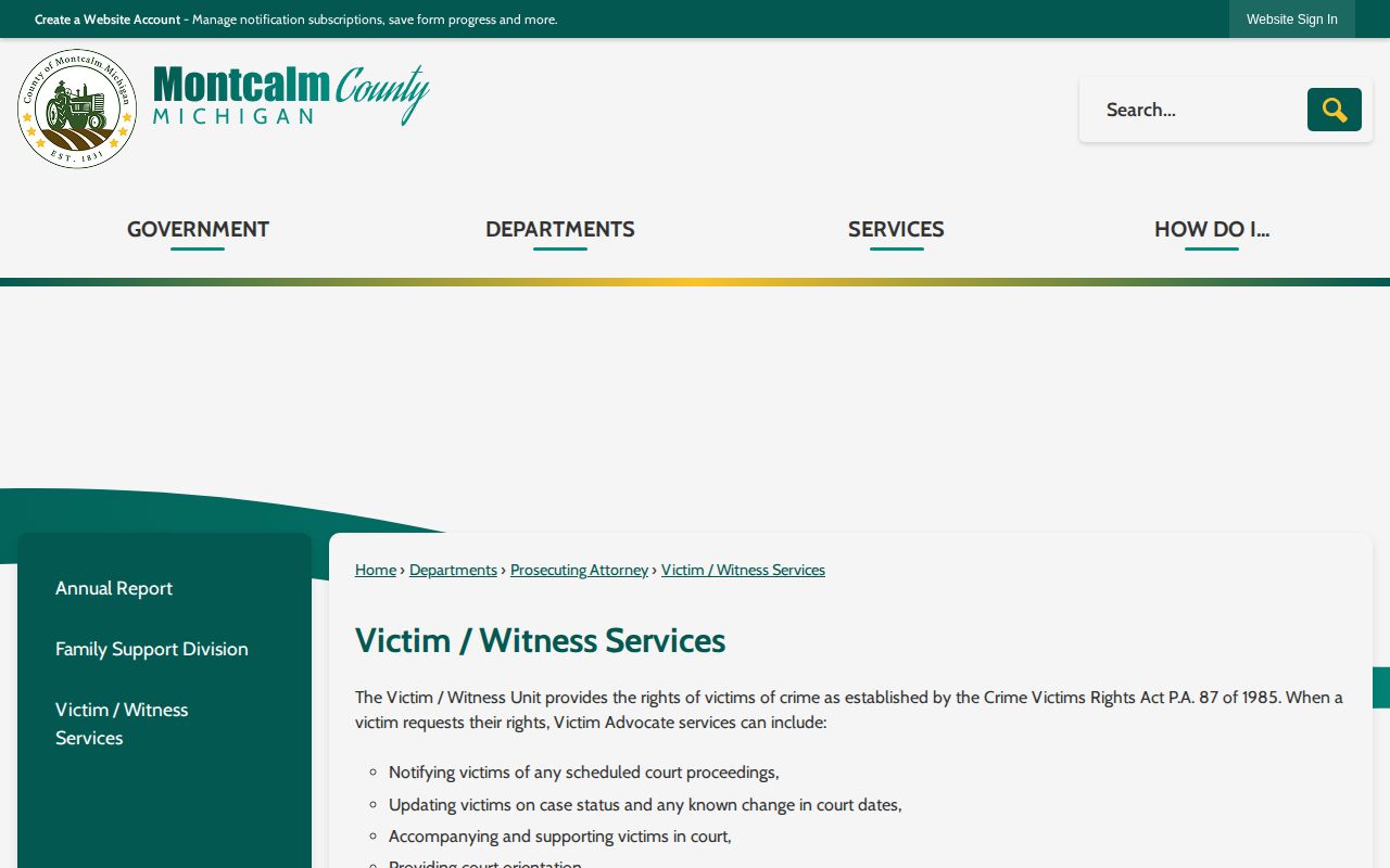 Montcalm County Victim-Witness Services page explaining Michigan VINE