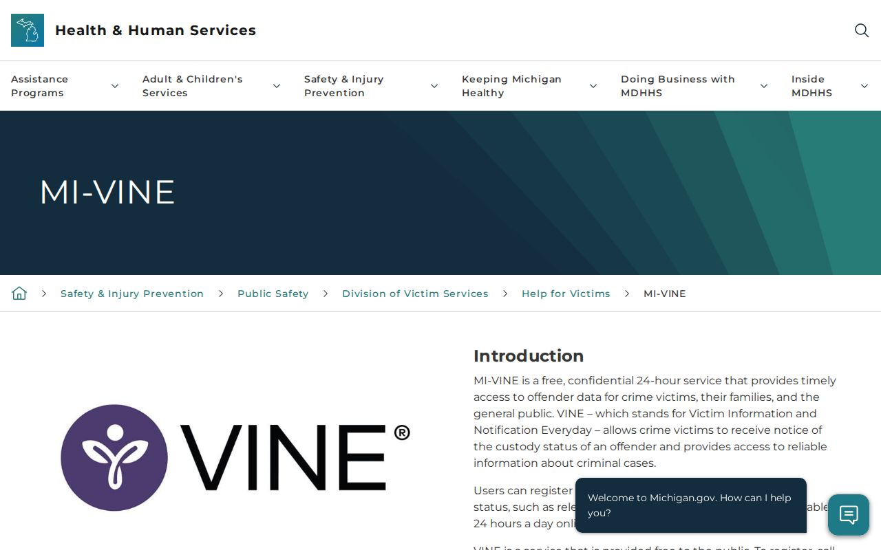 Official Michigan MI-VINE information page for custody notifications