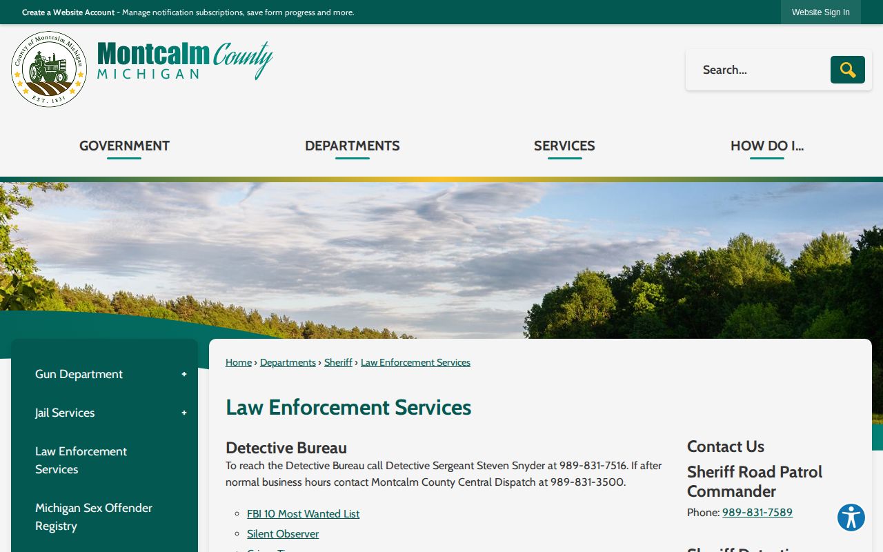Montcalm County Law Enforcement Services page with tip and wanted-resource information