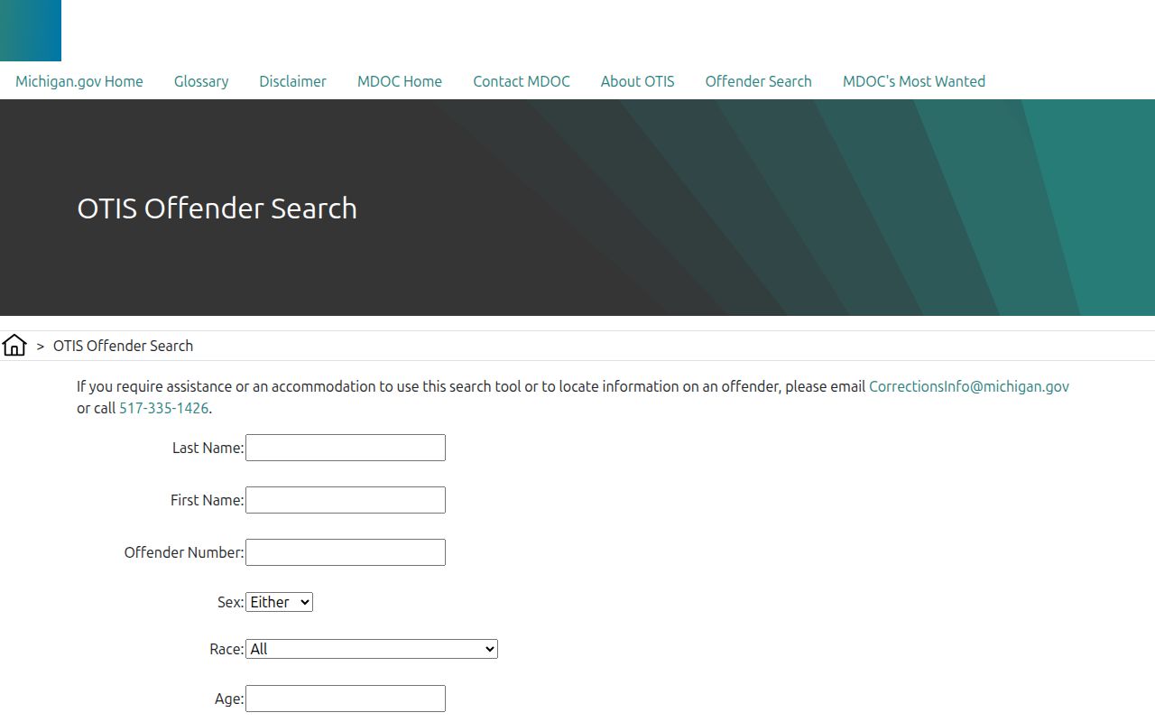 Michigan Department of Corrections OTIS offender search interface